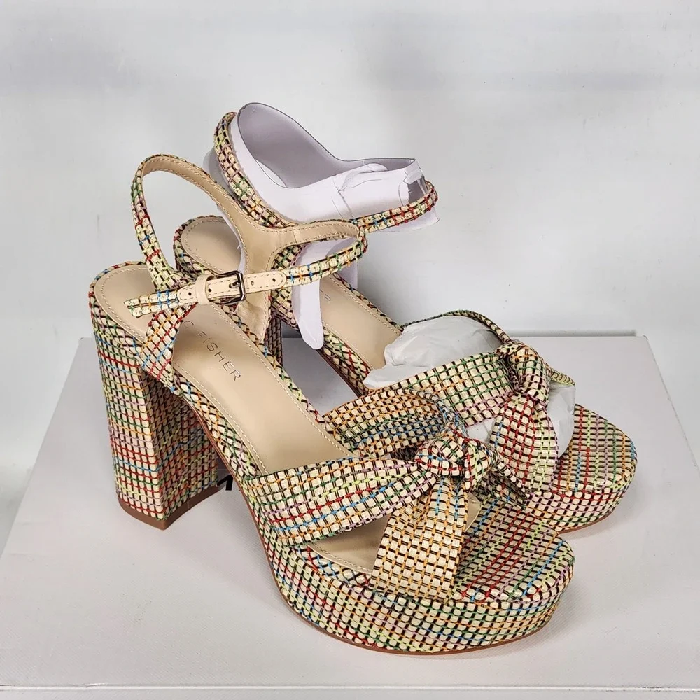 Marc Fisher Deren3 Sandals Women Size 6.5 Medium Natural Woven Platform Heels